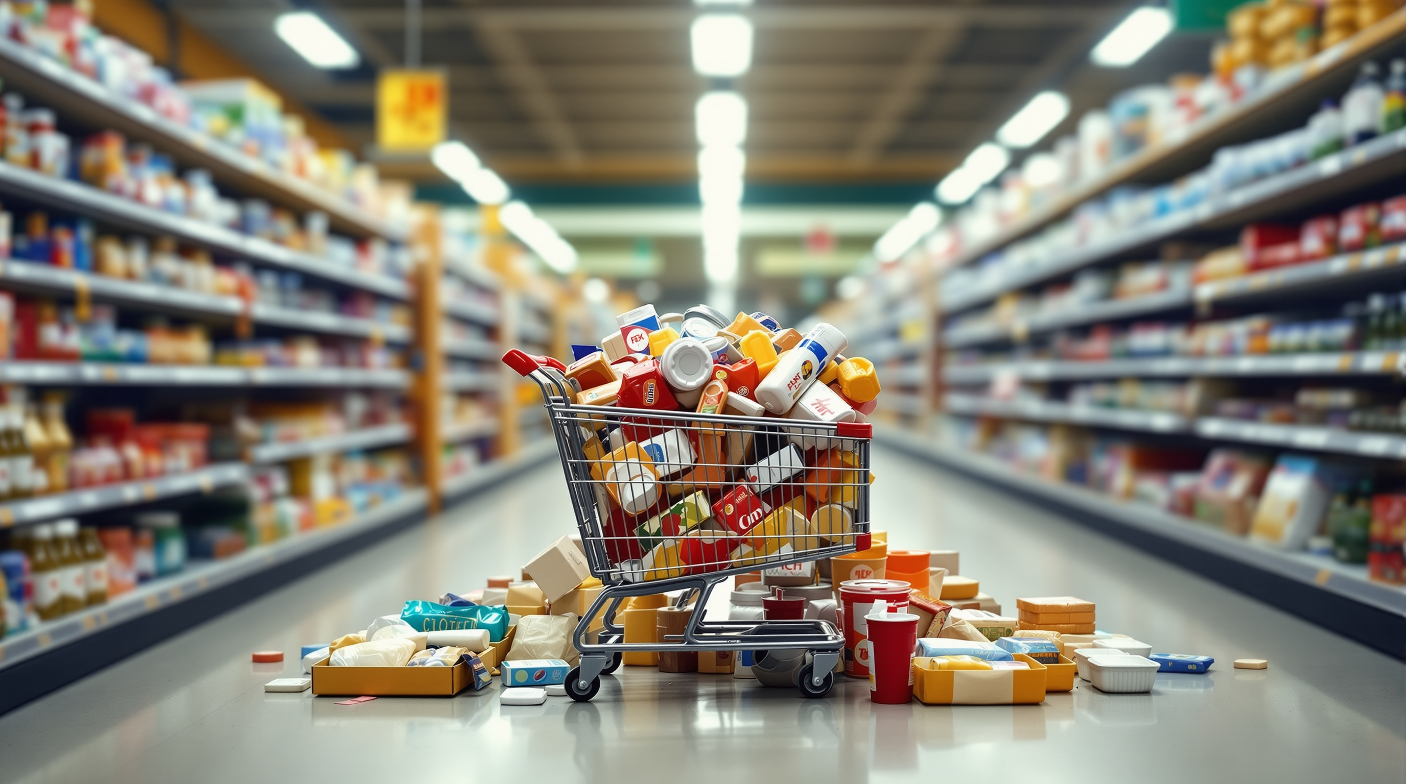 An overflowing grocery cart abandoned in the middle of a wide grocery store aisle