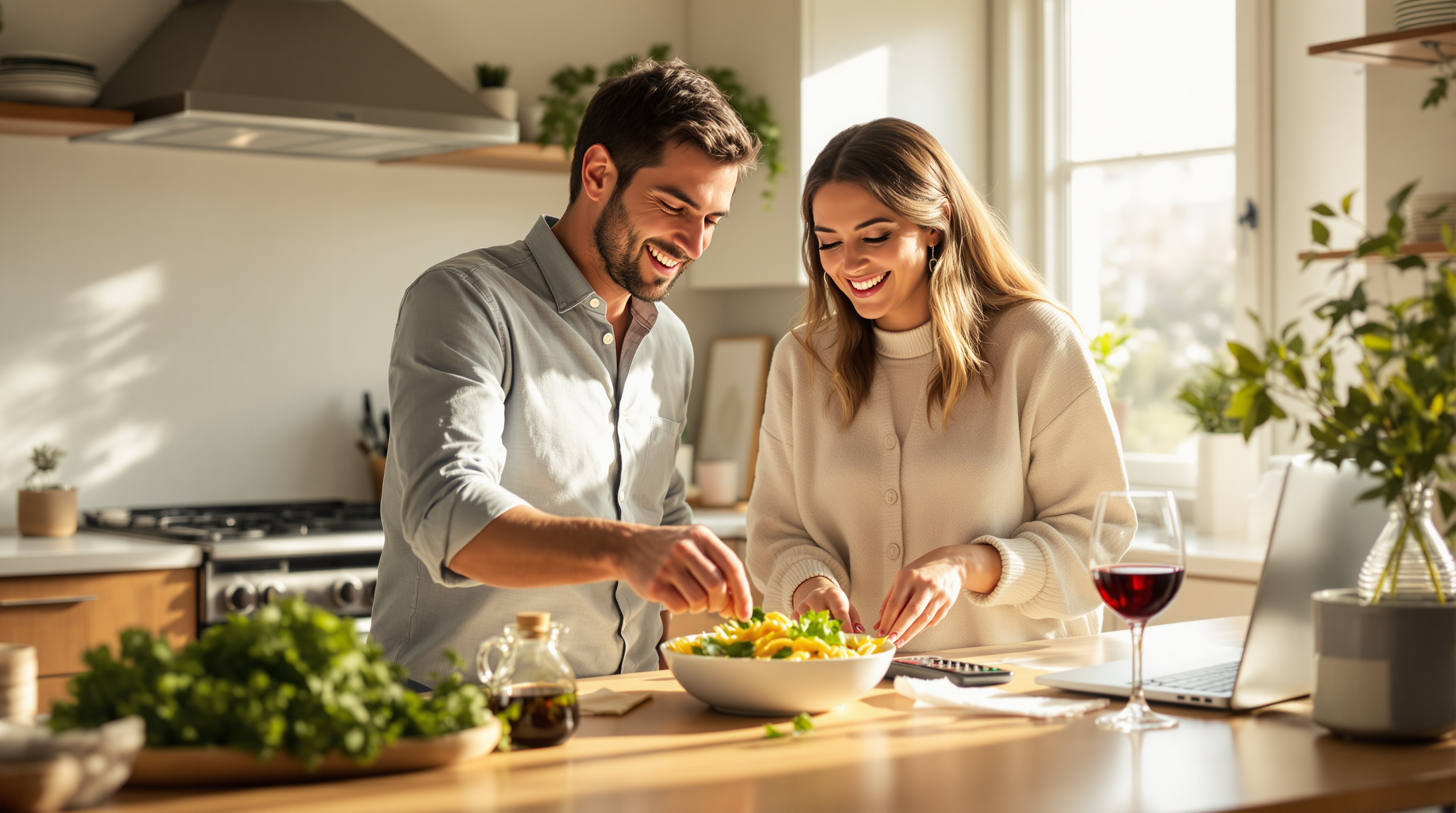 A 30-something couple side-by-side in a sunny home kitchen, plating a home-cooked dinner together