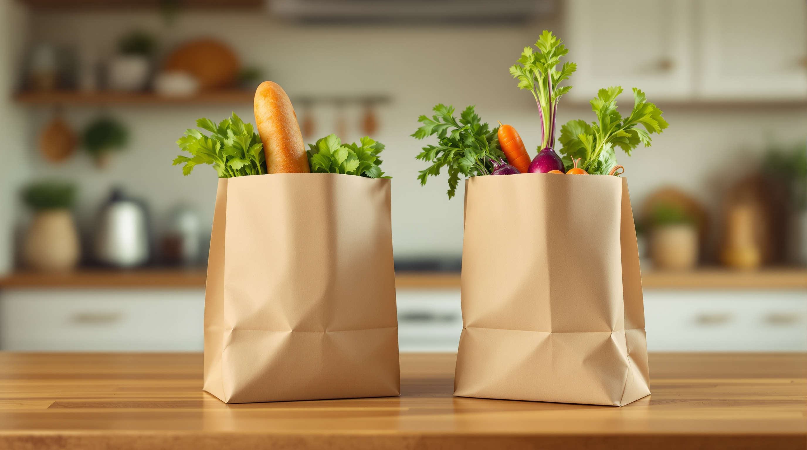 Wooden kitchen island with two brown paper grocery bags, fresh produce peeking out the tops