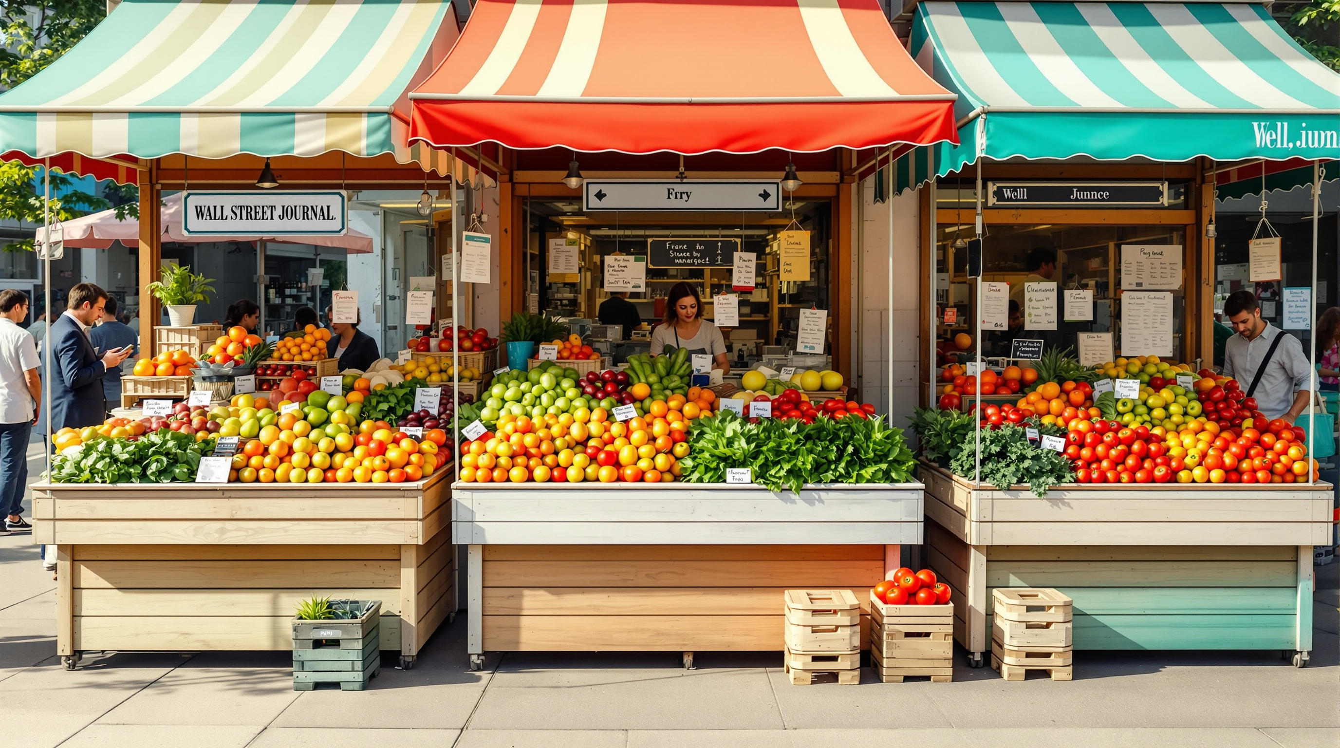 Three different farmer's-market produce stands lined up under colorful awnings