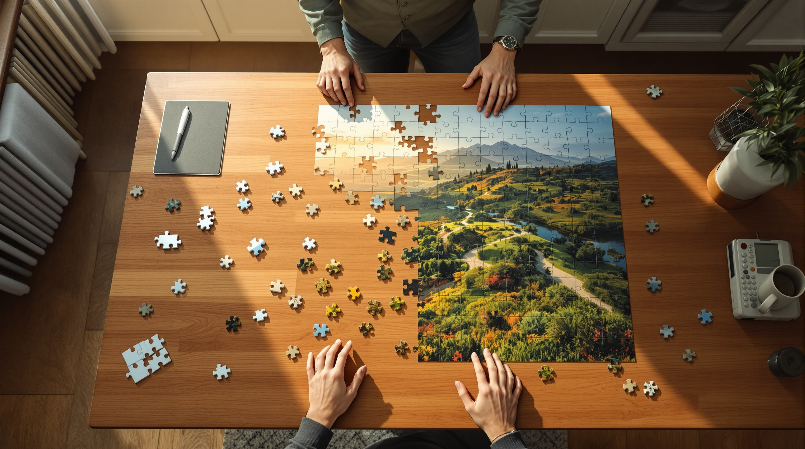Overhead view of a partially completed jigsaw puzzle on a wooden table, the landscape image emerging