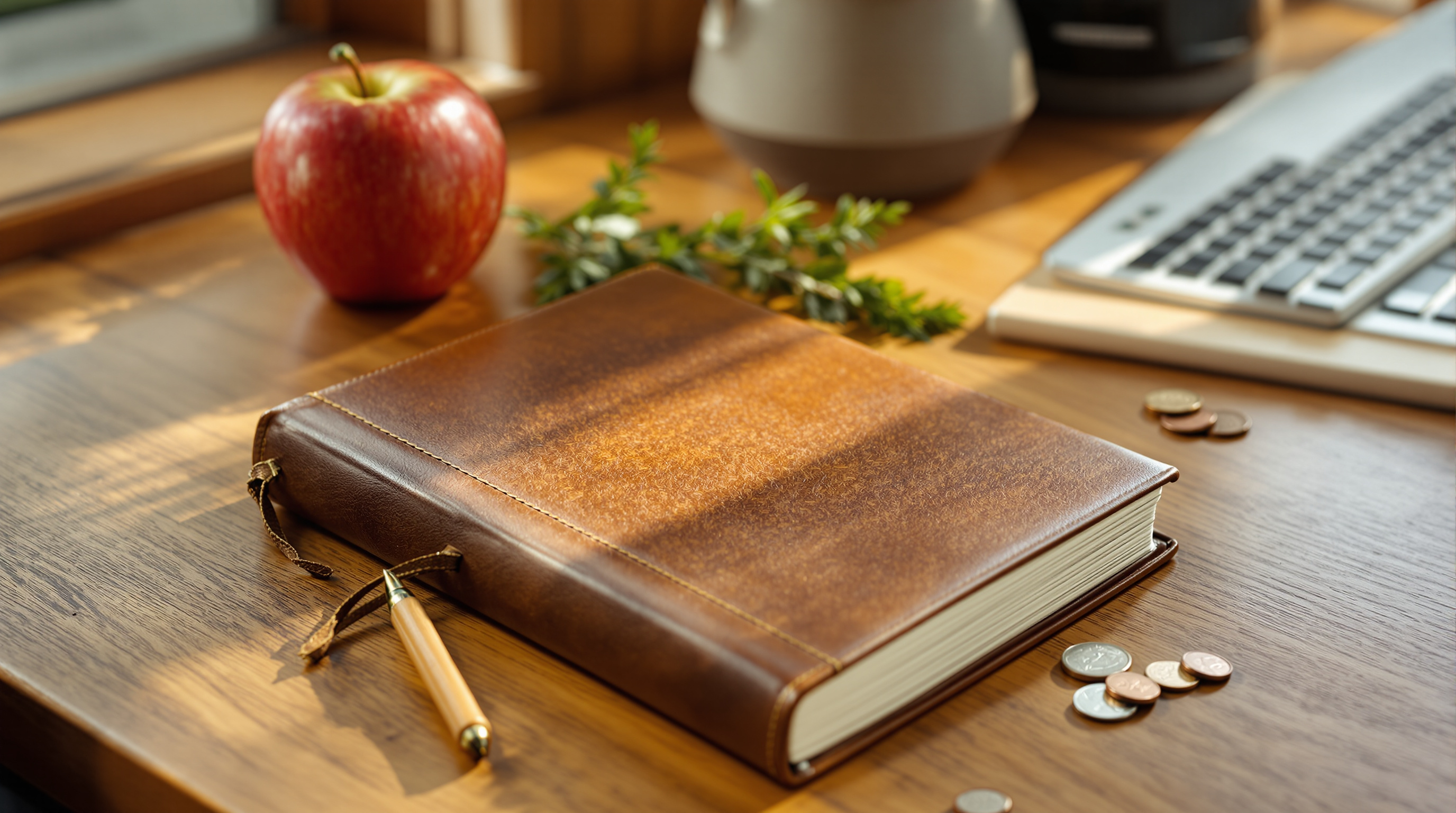A vintage leather-bound notebook closed on a wood kitchen counter, with an apple, herbs, and a few coins arranged around it